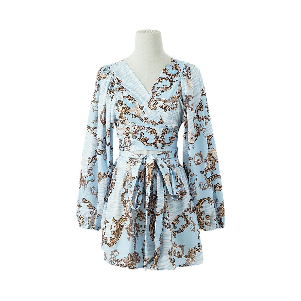 Floral Print V-Neck Long Sleeve Shorts Jumpsuit