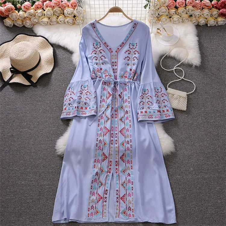 Bohemian Summer V Neck Long Vacation Dresses