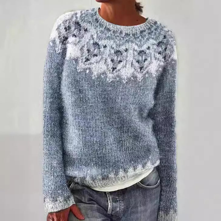 Women's Loose Knit Sweater - Color Block Round Neck Pullover