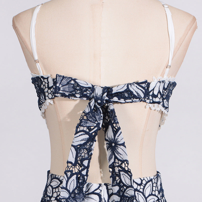 Designed Women's Sexy Vacation Print Dress - Halter Neck, Cutout Waist, Strappy Sundress