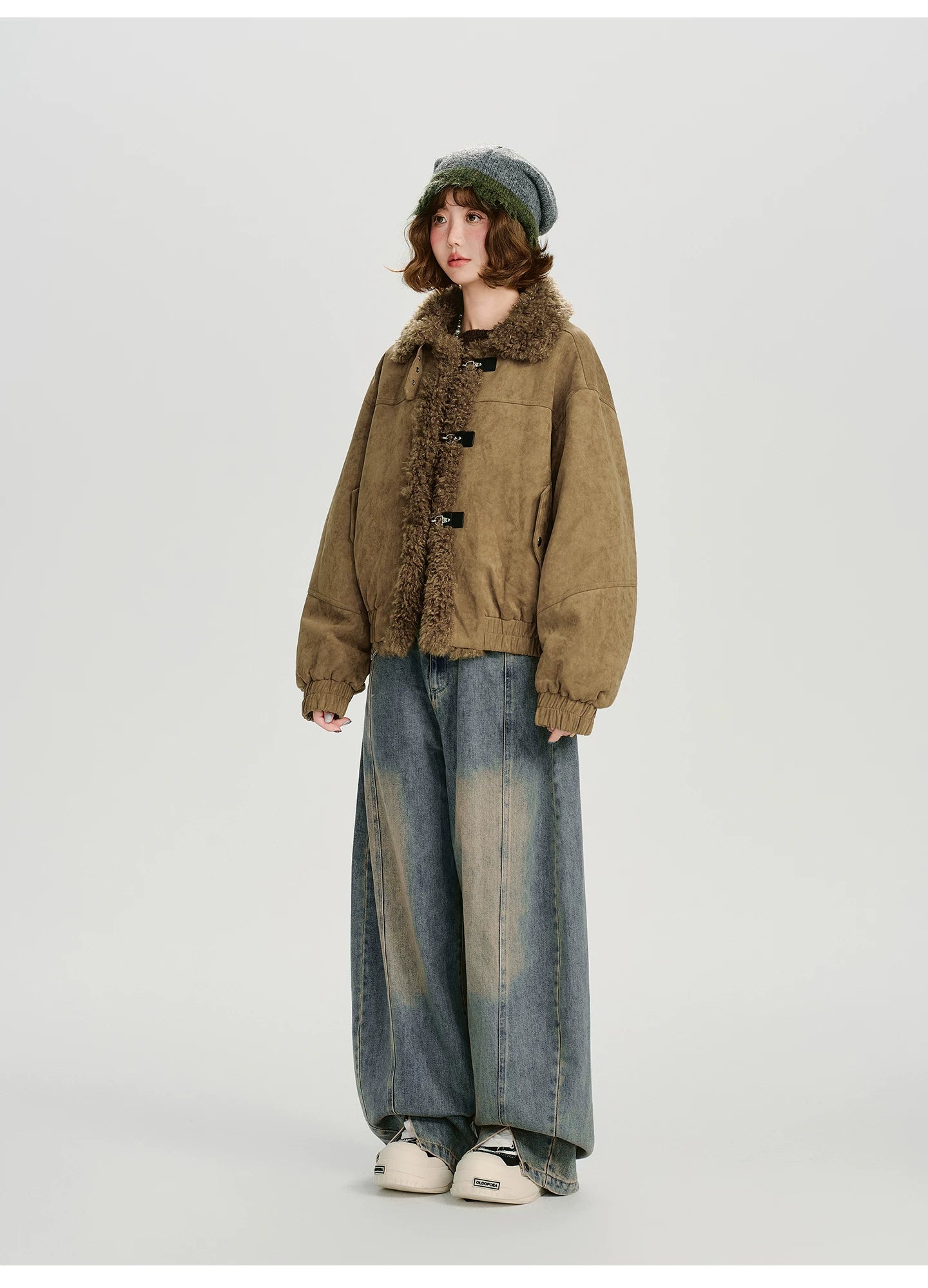 Girlyhalo Vintage Suede & Faux Shearling Patchwork Winter Coat