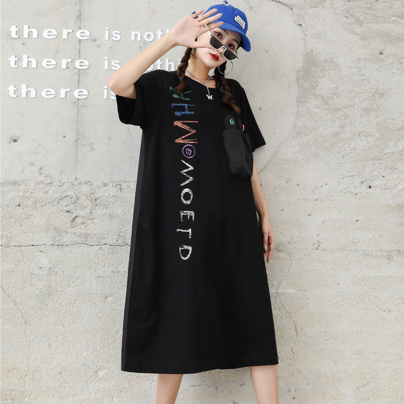 Letter Designed Summer Short Sleeves Plus Sizes Midi Dresses-Dresses-Black-One Size-Free Shipping at meselling99