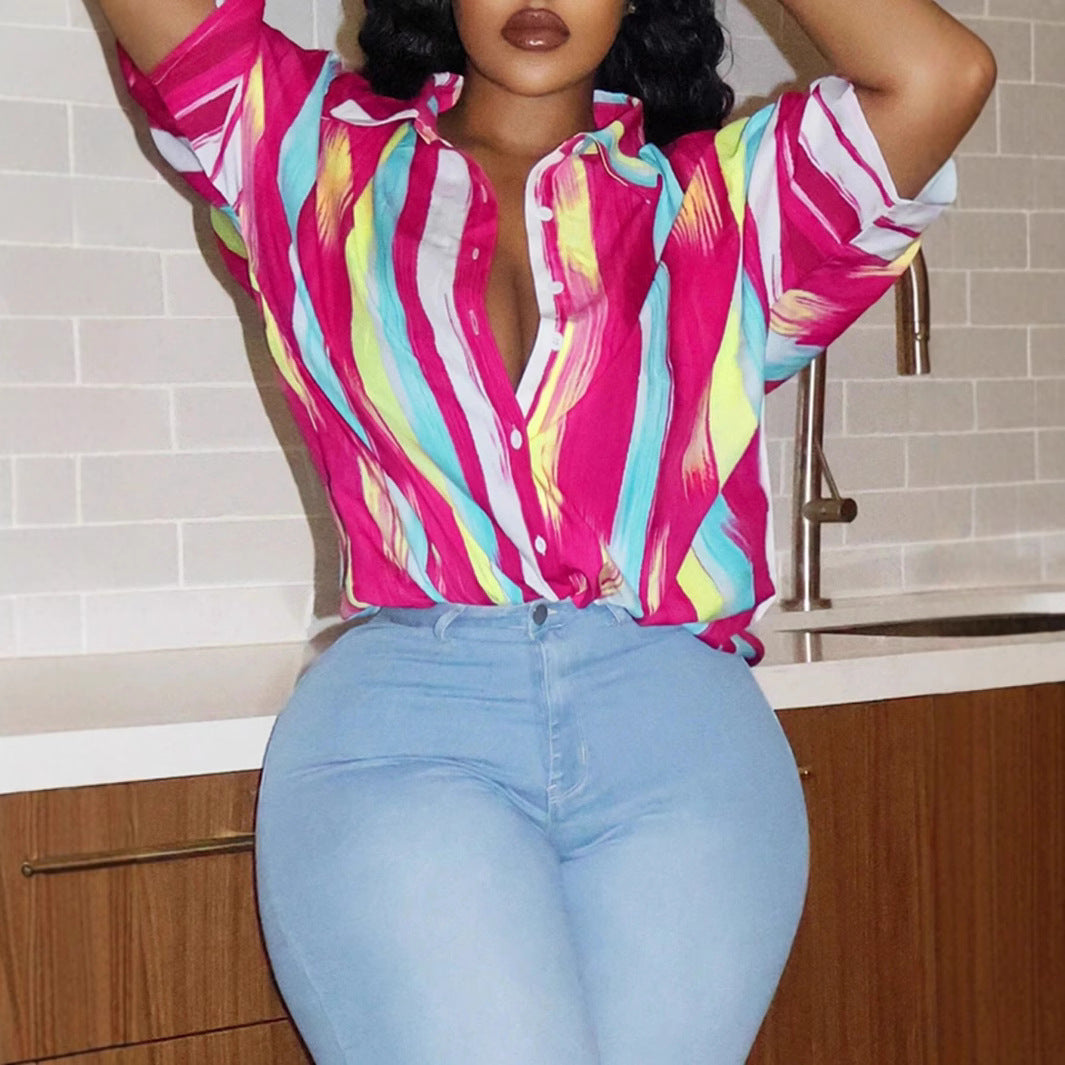 Plus Size Women's Printed Short Sleeve Button-Down Shirt with Lapel Collar-Rose Red-S-Free Shipping Leatheretro