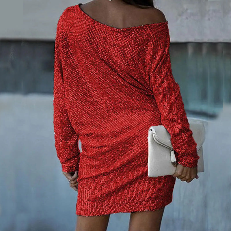 Elegant Off-Shoulder Long Sleeves Midi Dress with Sequins