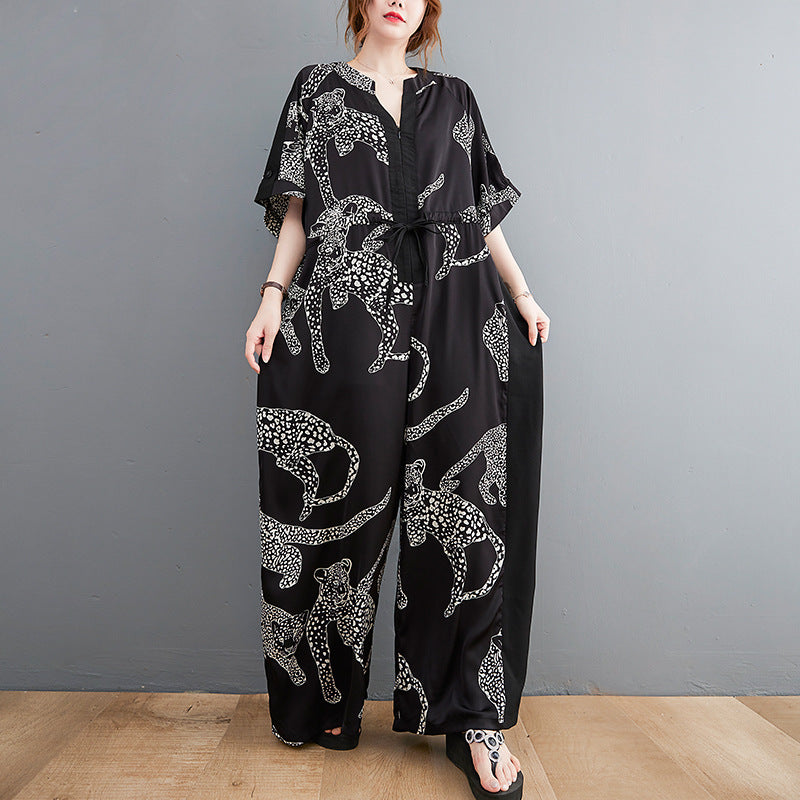 Summer Plus Sizes Lace Up Waist Women Wide Leg Jumpsuits