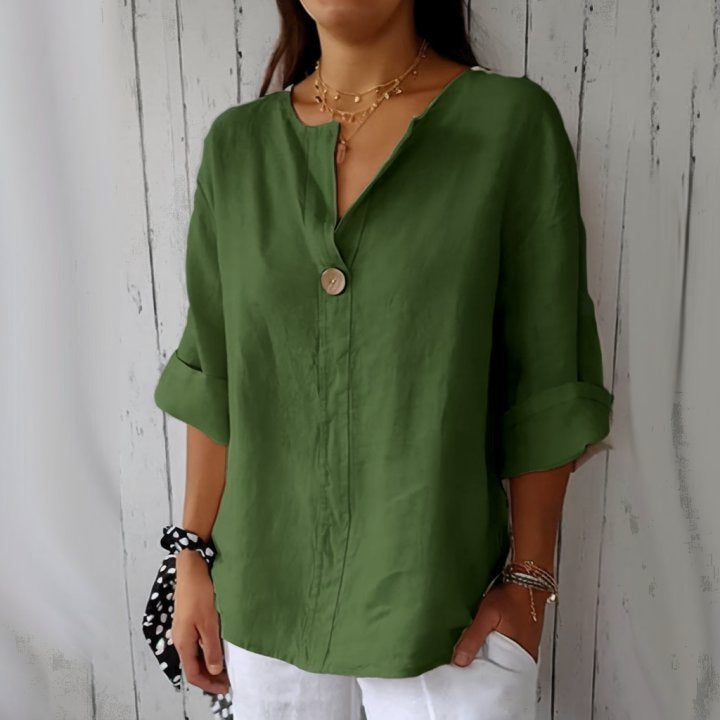 Women's Summer Loose-Fit V-Neck Cotton Linen Button-Up T-Shirt