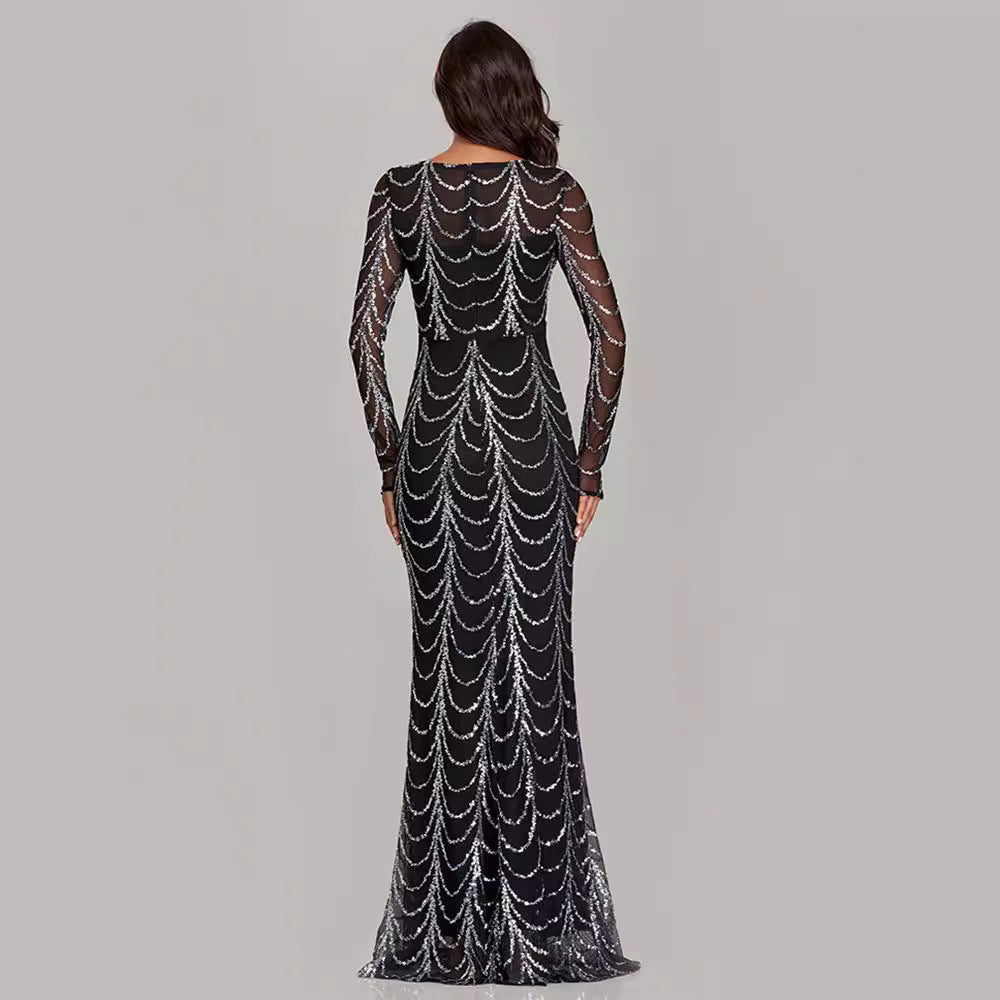 Elegant Mermaid Evening Gown – Sequined Long Sleeve Round Neck Party Dress
