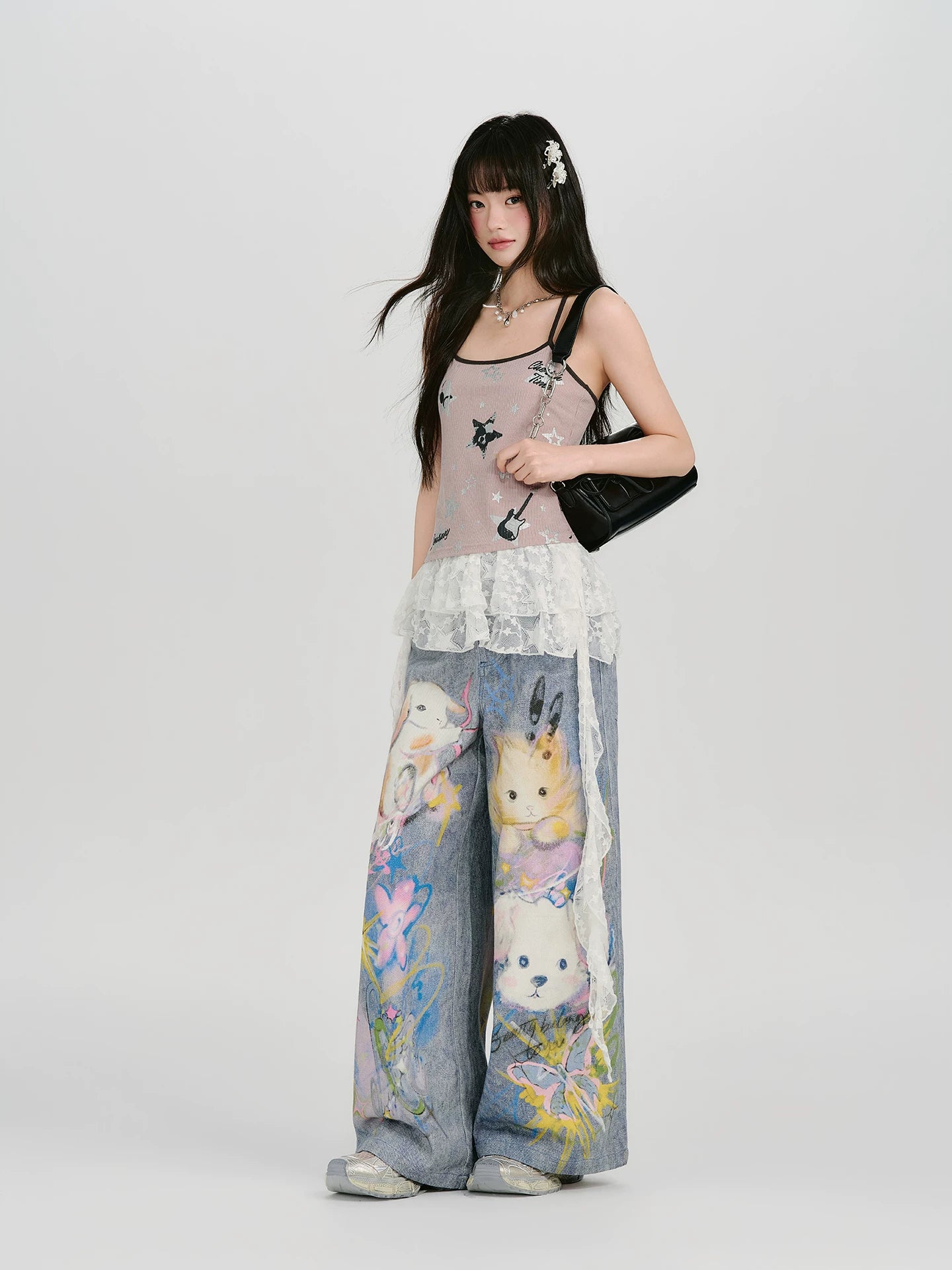 GirlyHao Vintage Tie-Dye Cartoon Print Wide Leg Jeans
