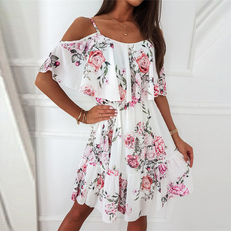 Women's Summer Chiffon Floral Print Off-Shoulder Sexy Spaghetti Strap Dress