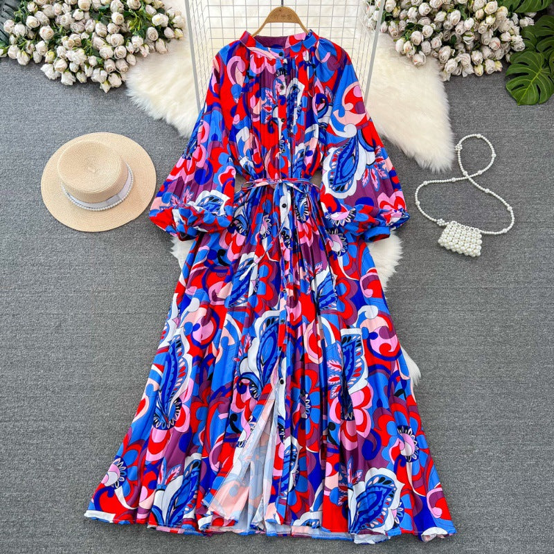 Retro Palace Style Lantern Sleeve Round Neck A-Line Floral Print Button-Down Waist Dress