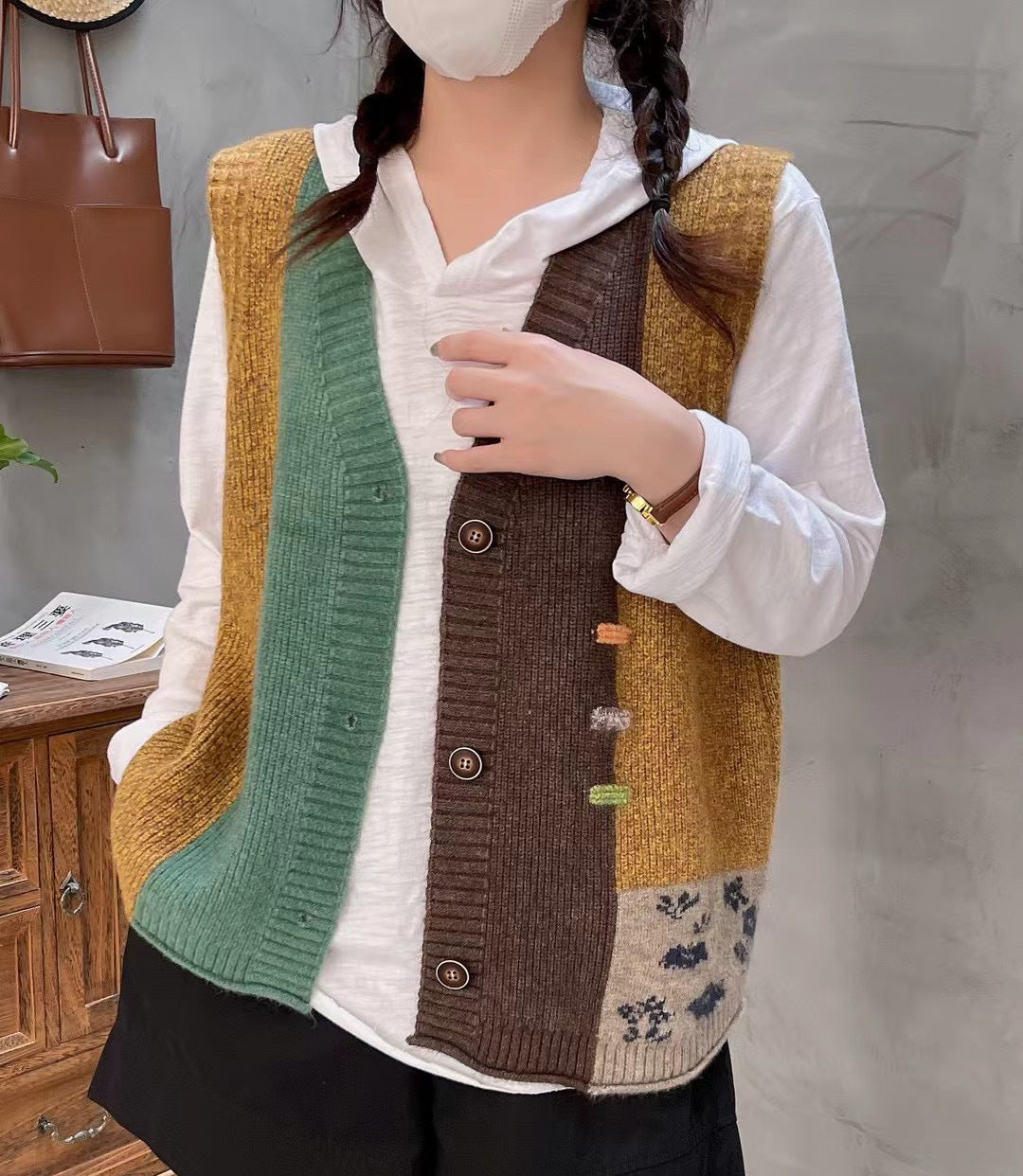 Designed Vintage V Neck Wool Knitted Vest Tops