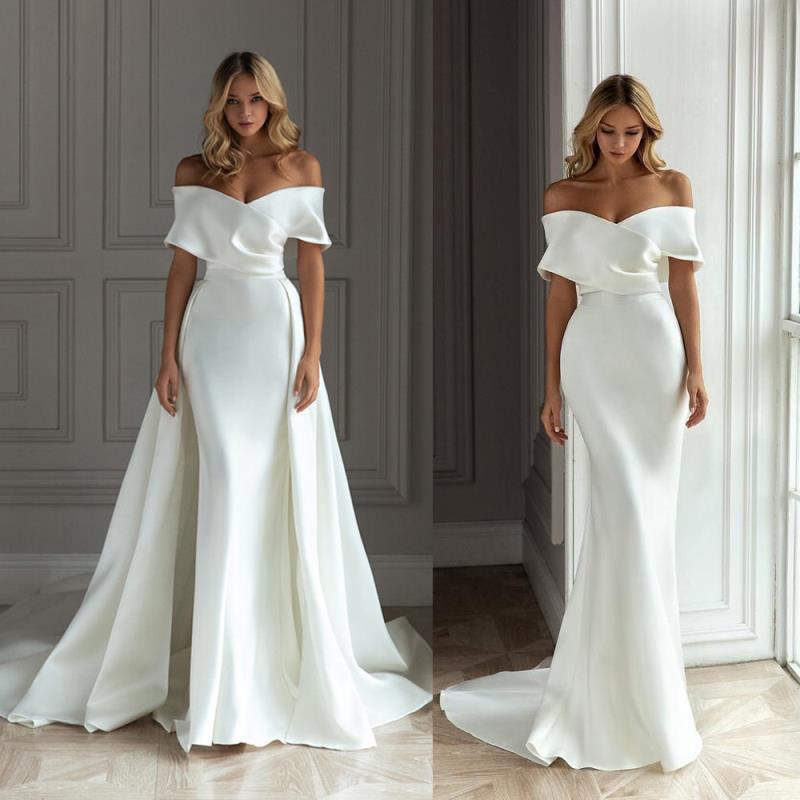 Simple Off The Shoulder Stain Long Trail Wedding Dresses