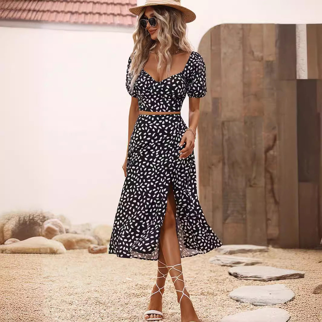 Women's Summer V-Neck Short Sleeve Dress with Slit