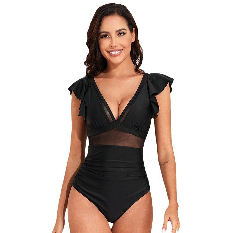 Sexy V Neck Black One Piece Women Swimsuits