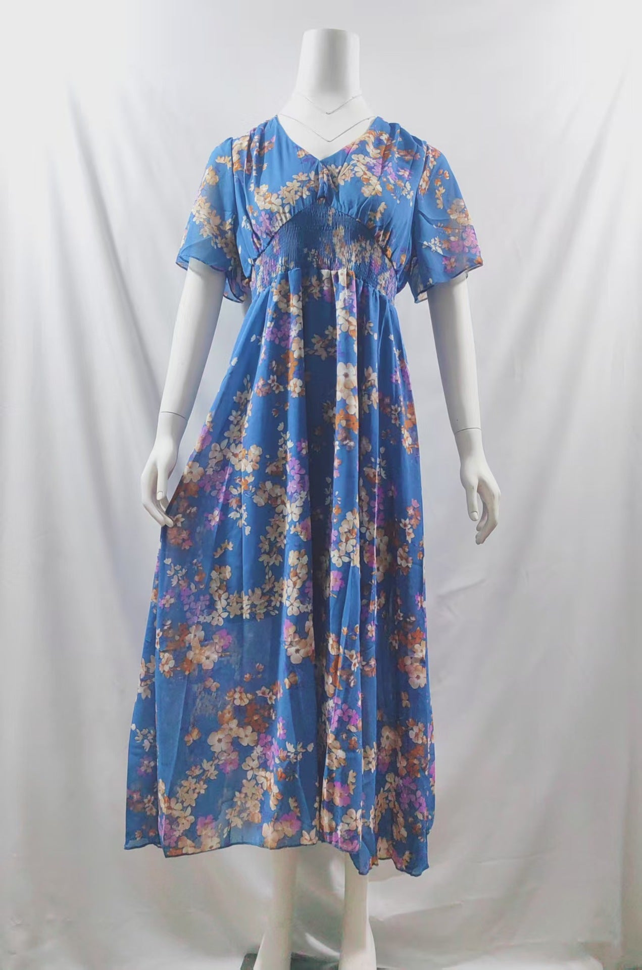 Women's Floral Print Chiffon Dress – Short Sleeve, Waist-Tied
