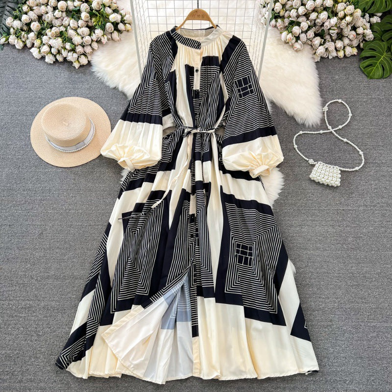 Retro Palace Style Lantern Sleeve Round Neck A-Line Floral Print Button-Down Waist Dress