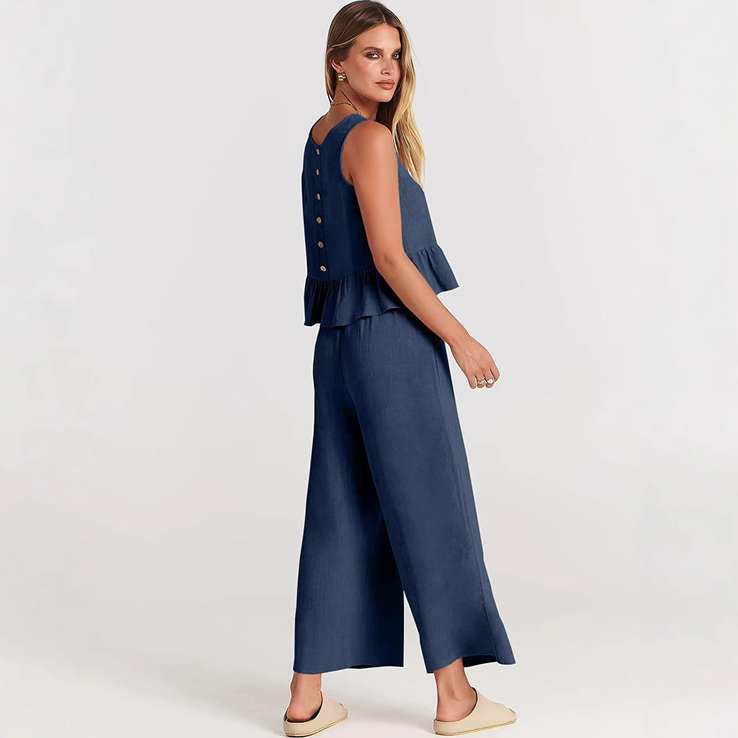 Women's Summer Sleeveless Pleated Vest & Wide-Leg Cropped Pants Casual Set