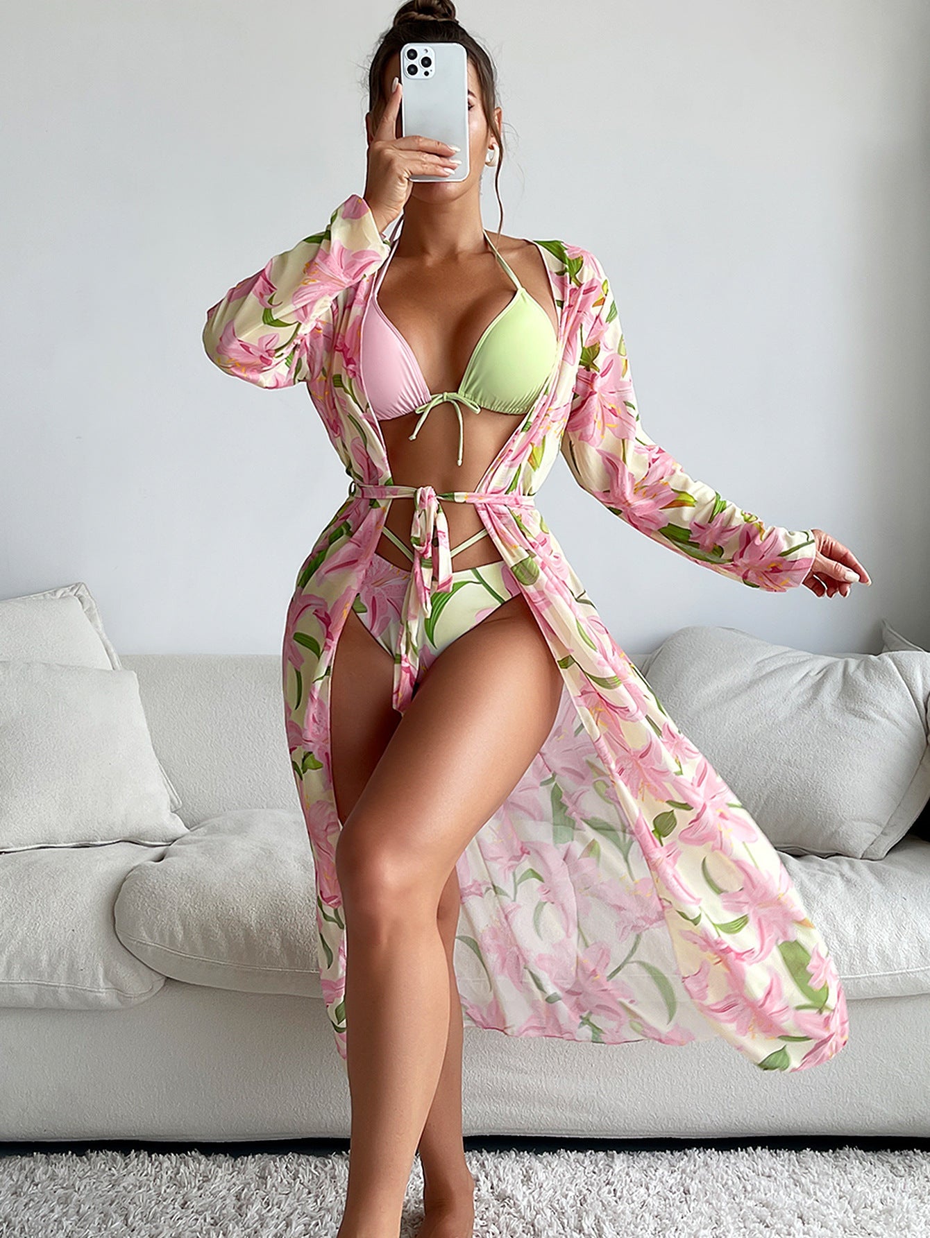 Sexy Floral Print 3 Pcs Bikini Women Swimsuits