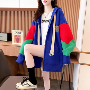 Women's Longline Color-Block Hooded Cardigan – Oversized Chunky Knit Sweater Coat