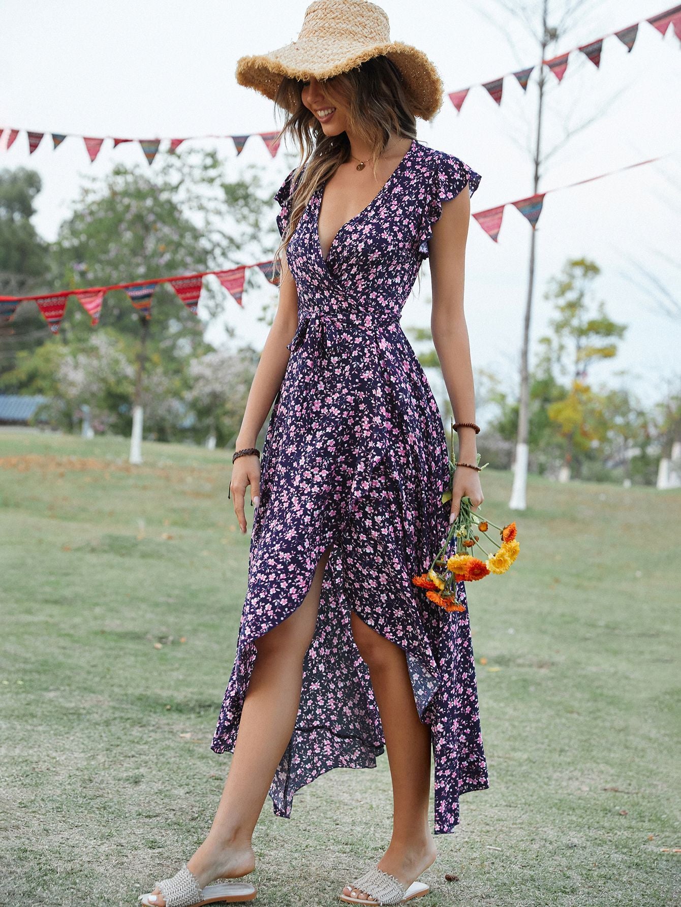 Bohemian V-Neck Tie-Waist Maxi Dress