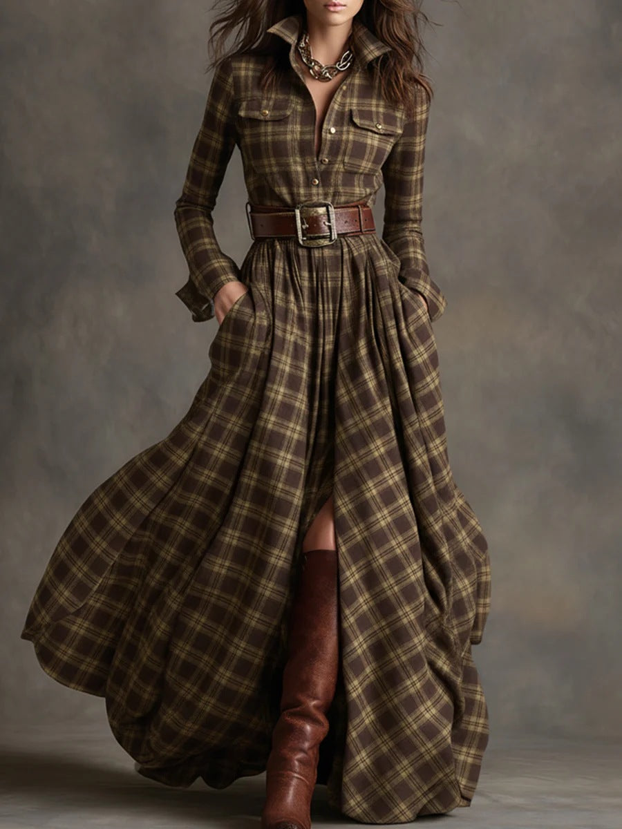 Plus Size French Vintage Plaid Slimming Irregular Hem Dress
