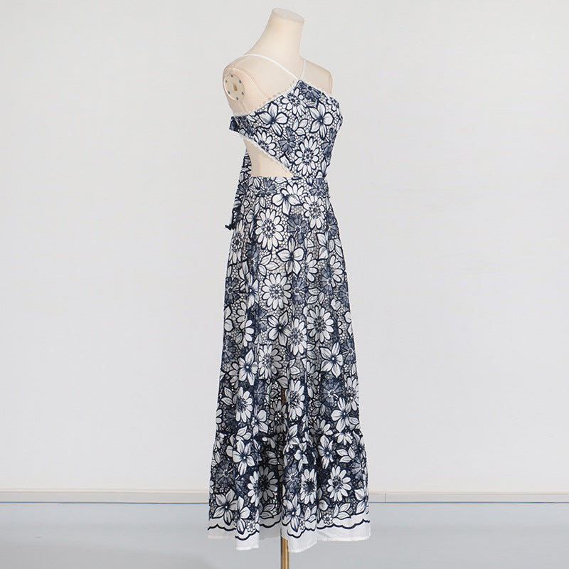 Designed Women's Sexy Vacation Print Dress - Halter Neck, Cutout Waist, Strappy Sundress