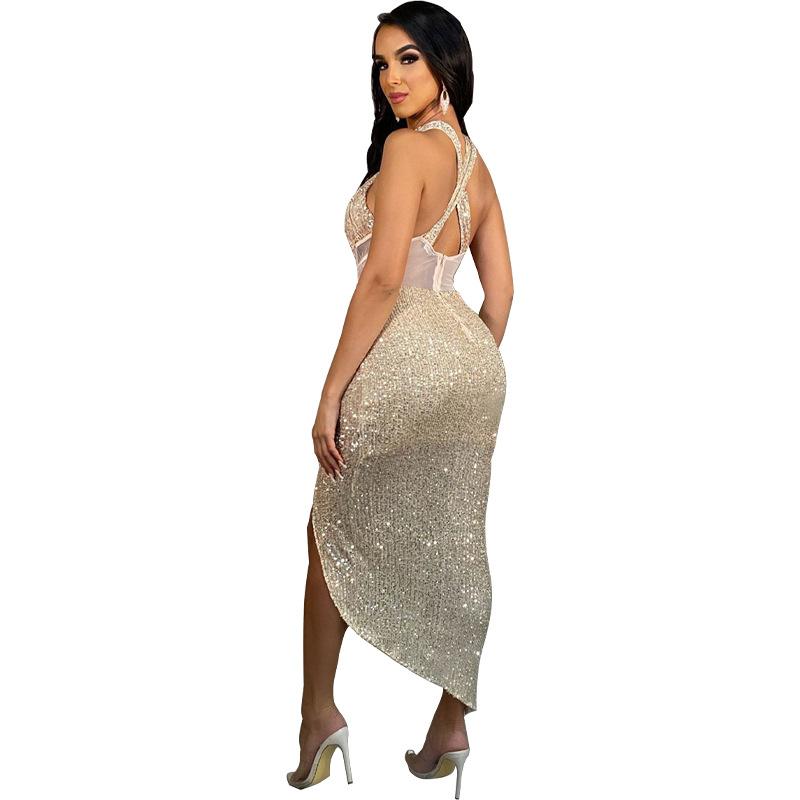 Sexy Sequined Halter Split Front Women Party Dresses-Dresses-Ivory-S-Free Shipping at meselling99