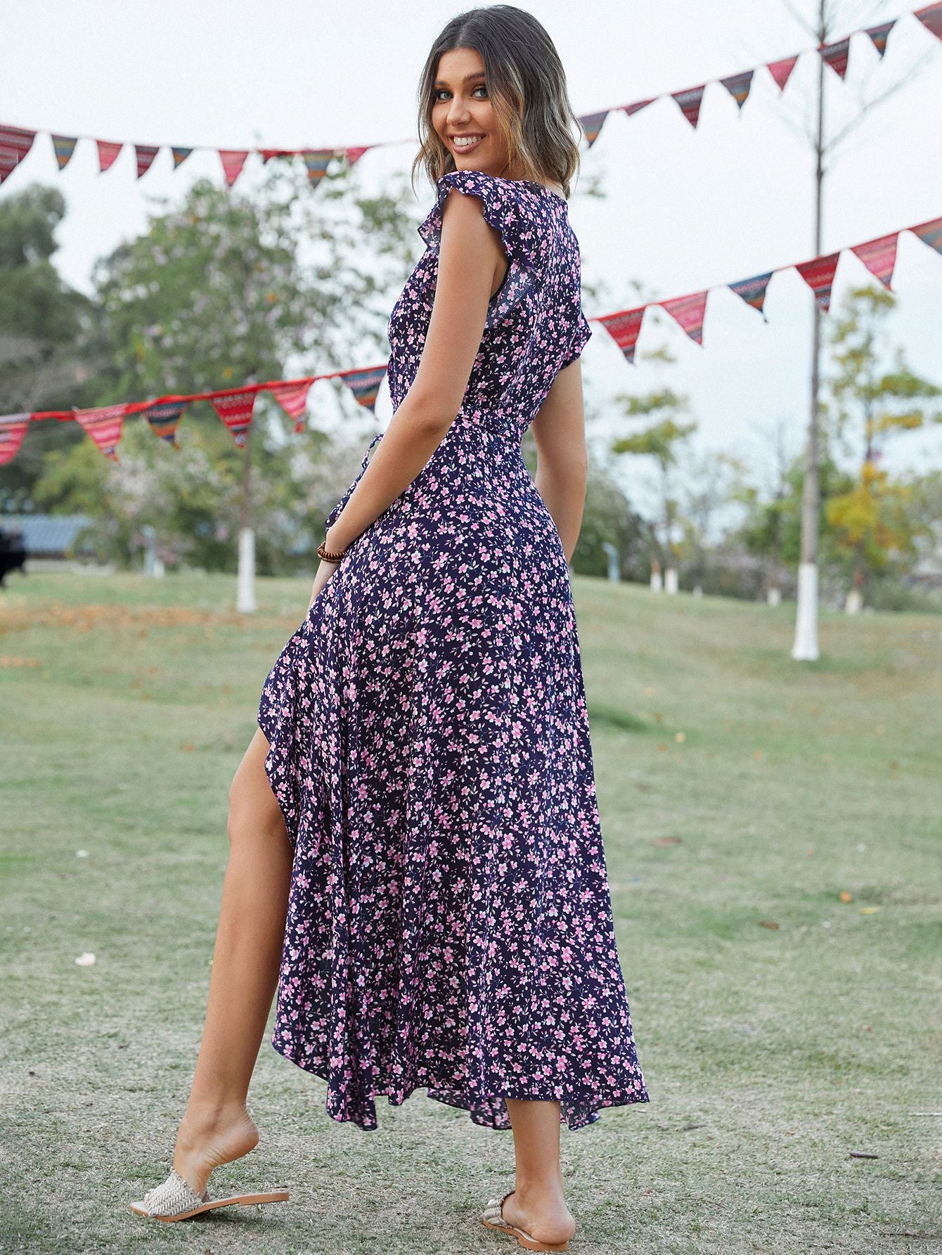Bohemian V-Neck Tie-Waist Maxi Dress