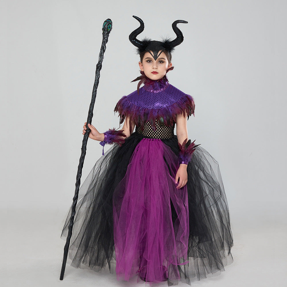 Halloween Glitter Feather Collar Witch Long Dress