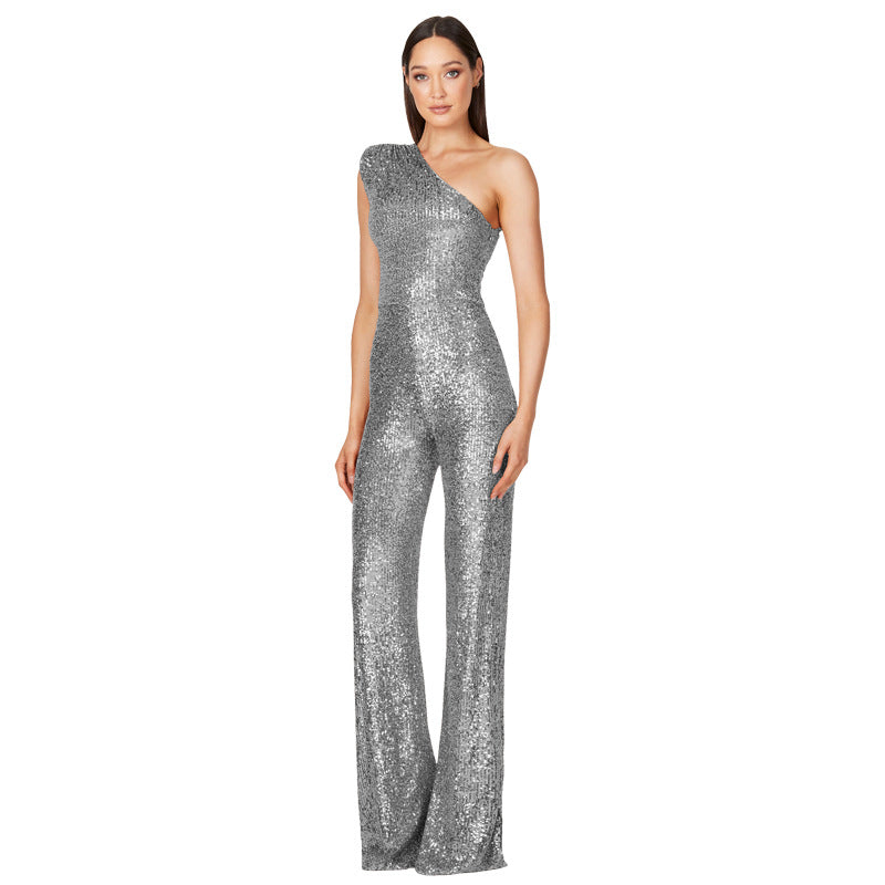 Sexy One Shoulder Sequined Jumpsuits
