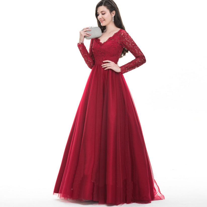 Elegant Long Sleeves Red Lace Evening Dresses-Dresses-Free Shipping at meselling99