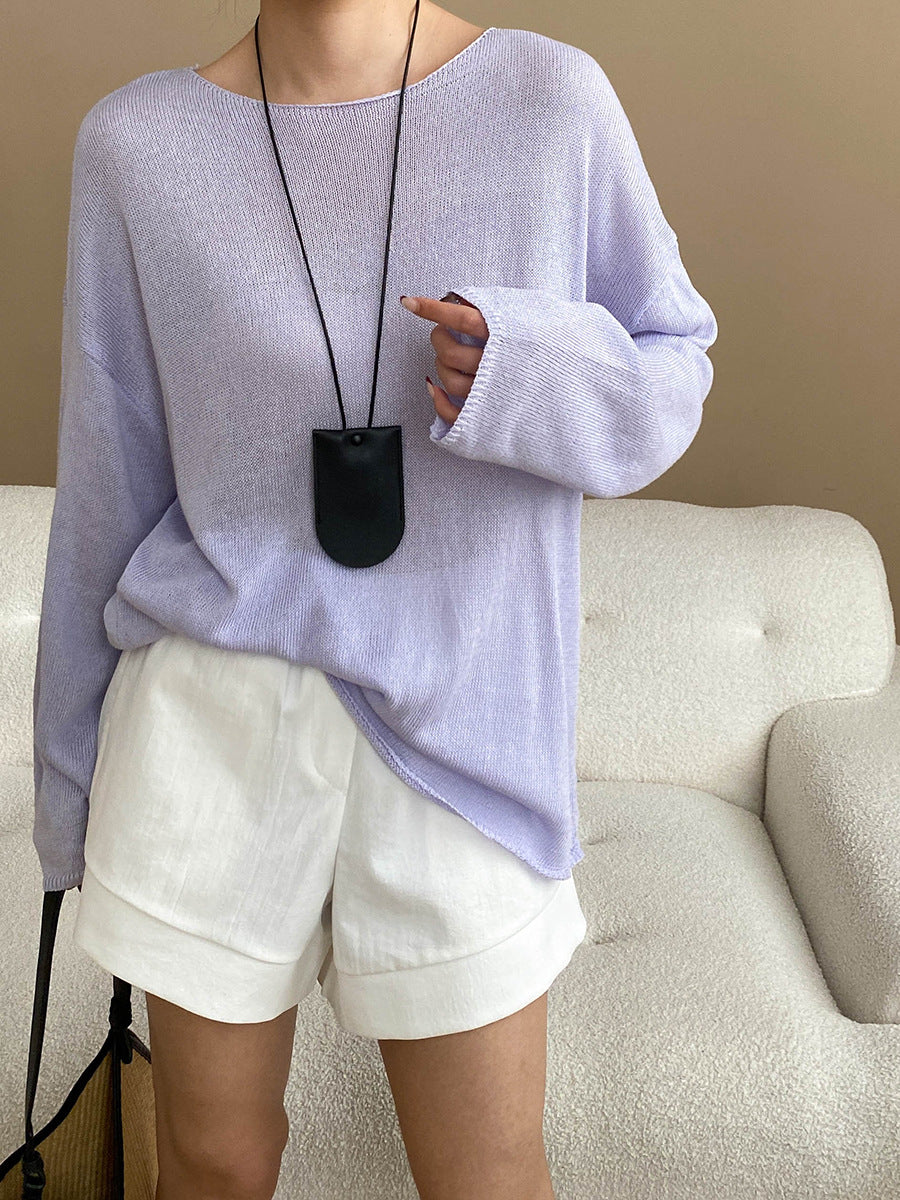 Linen-Blend Relaxed Knit Shirt Blouses