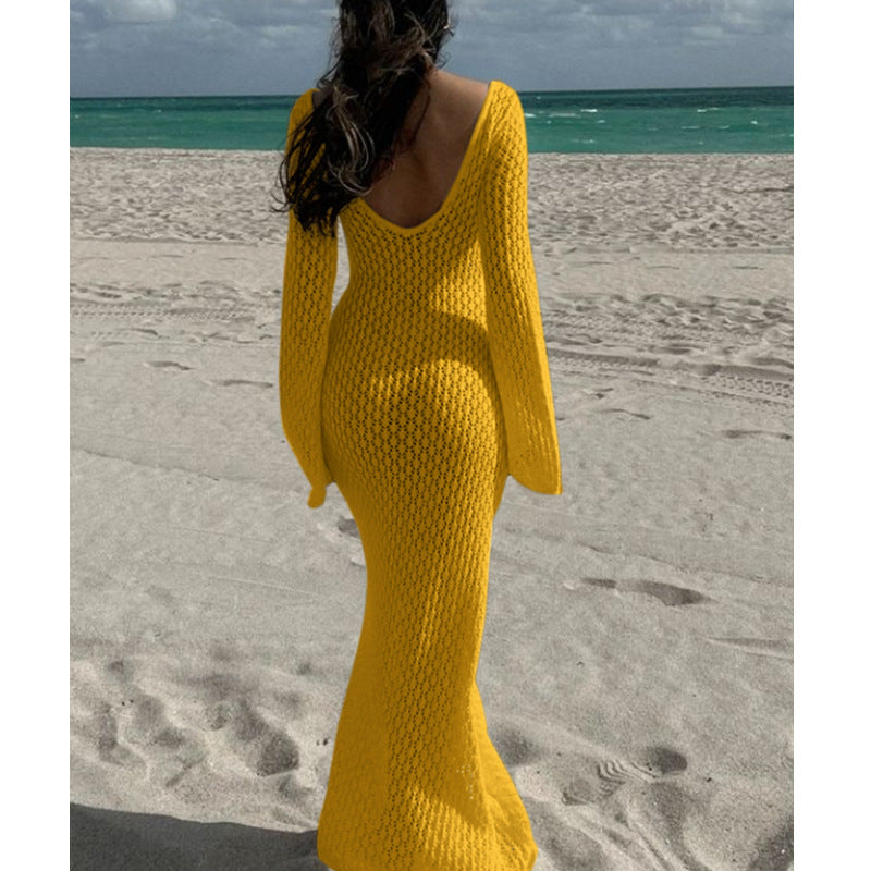 Women's V-Neck Long Sleeve Beach Cover-Up Dress