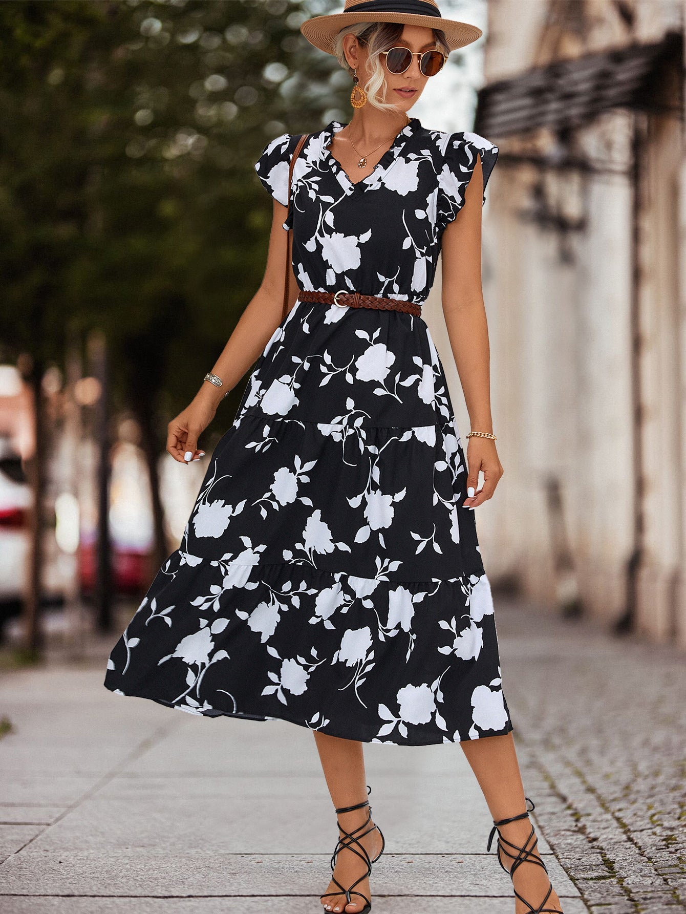 Casual V Neck Floral Print Women Dresses