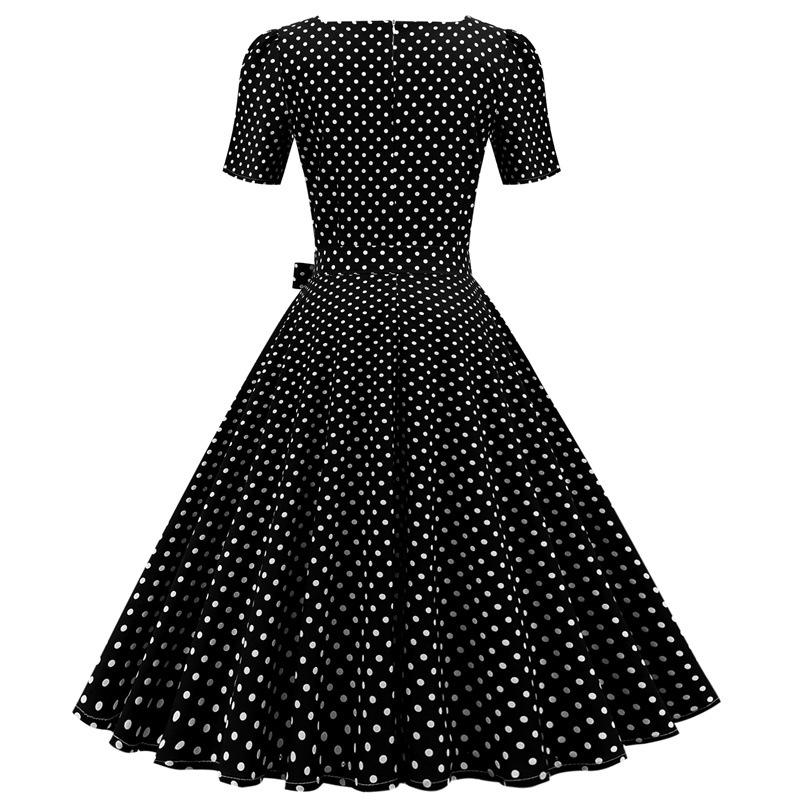 Short Sleeve Square Neckline Vintage Print Dot Dresses-Vintage Dresses-Free Shipping at meselling99