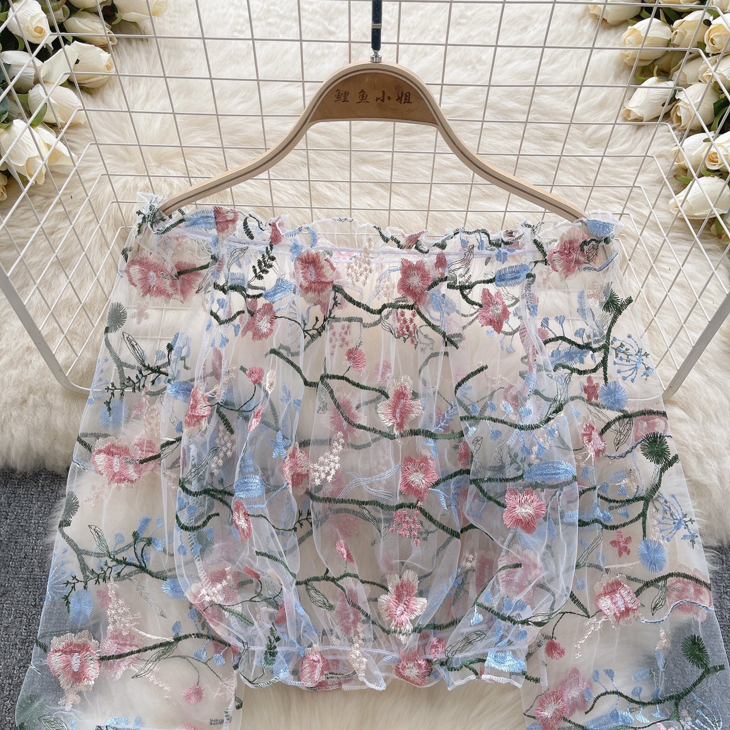 Off-Shoulder Mesh Embroidered See-Through Blouse
