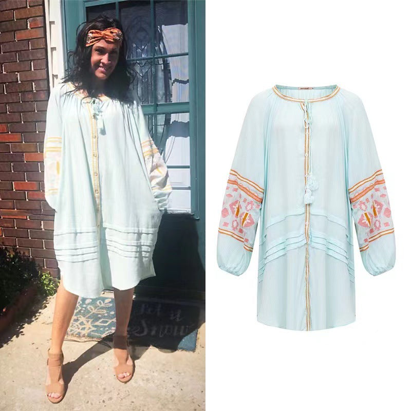 Bohemian Ethnic Embroidered Loose Front Button Dress