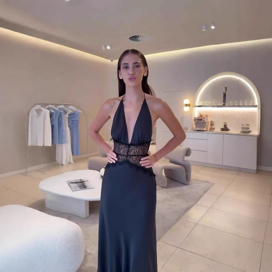 Elegant & Sexy Deep V Backless Lace Sheath Dress with Tie Detail