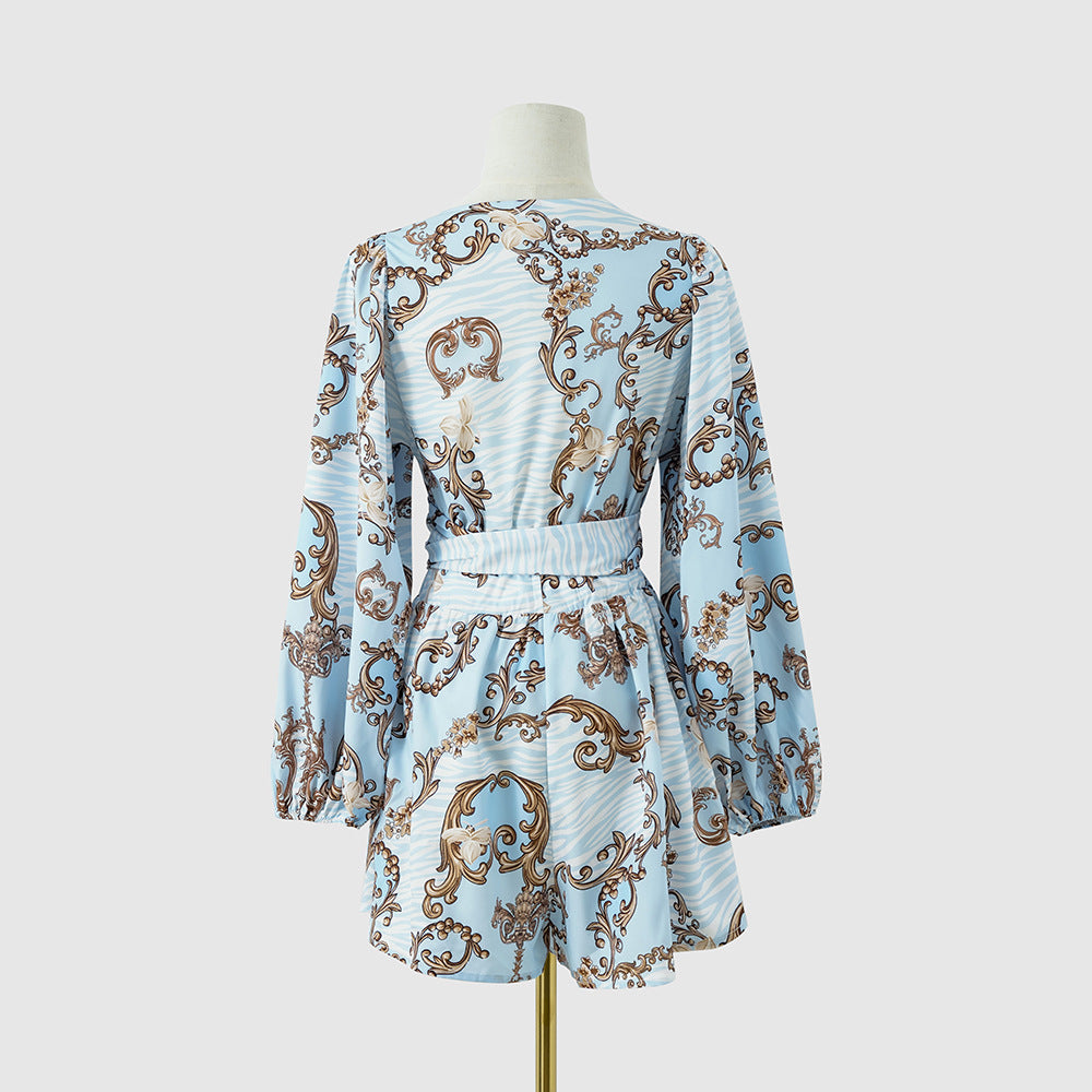 Floral Print V-Neck Long Sleeve Shorts Jumpsuit