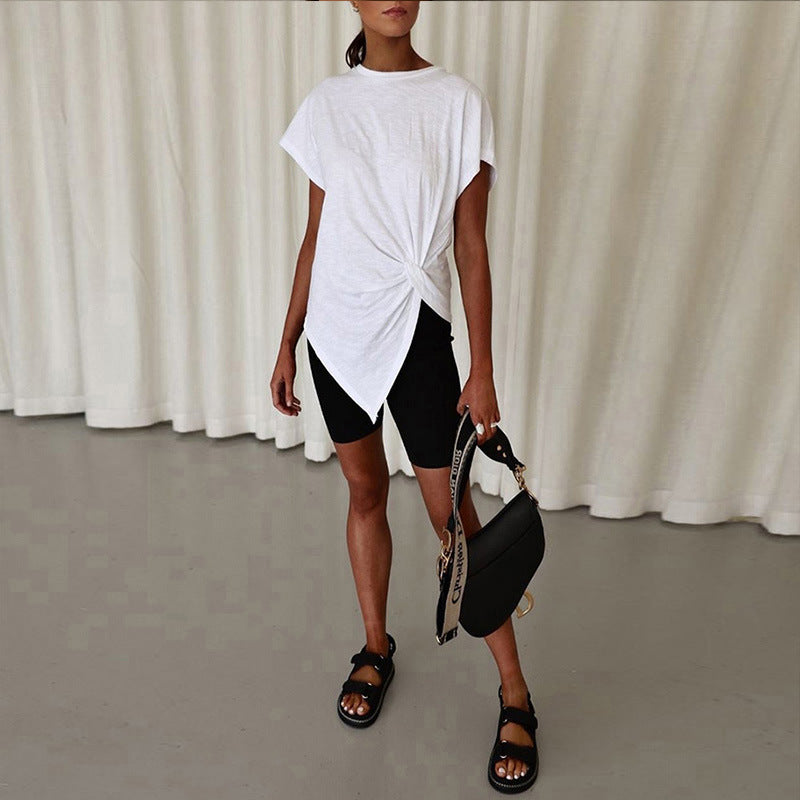 Women's Asymmetric Knot Front Round Neck Short Sleeve T-Shirt