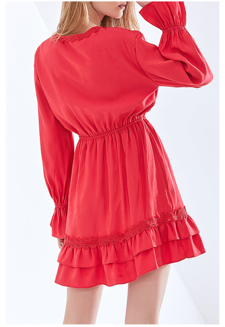 Retro V-Neck Tie-Waist Flare Sleeve Short Dress