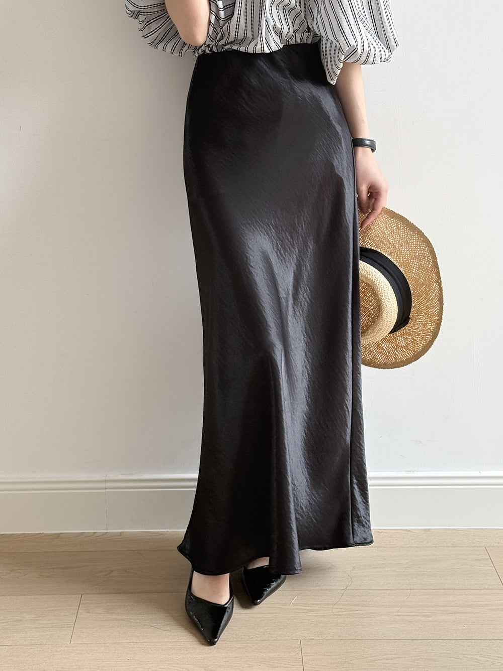 uxury Satin Midi Skirt – High Waist Bodycon Fishtail Skirt with Textured Detail-White-M-Free Shipping Leatheretro