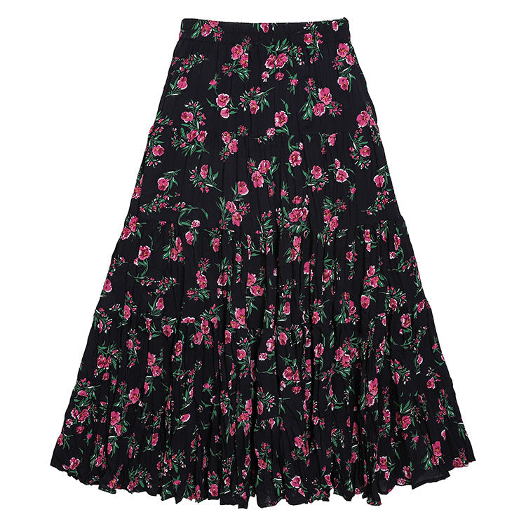 Yuan Su's new summer Wizard of Oz floral pleated skirt, high waist versatile and thin wrinkled A-shaped big swing skirt-Peach Blossom Branch - Black-one size fits all-Free Shipping Leatheretro