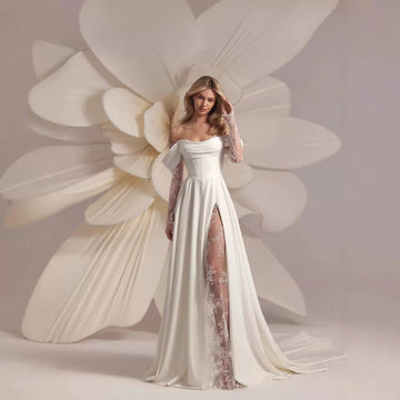 Off-Shoulder Satin Slit Evening Gown/Wedding Dress