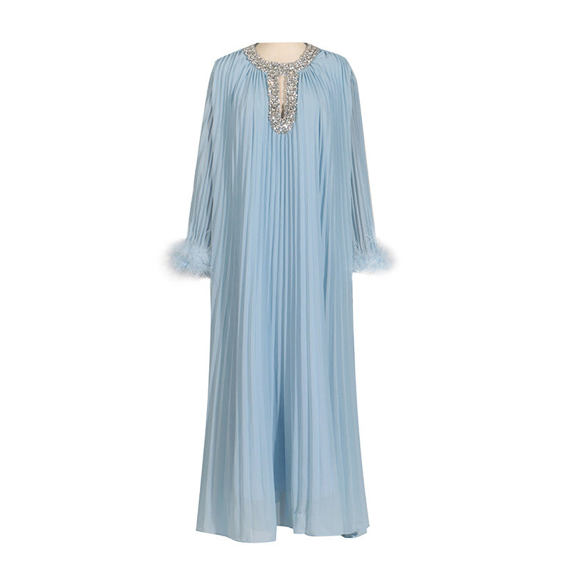 Elegant Round Neck Rhinestone Ostrich Feather Long Sleeve Ruffle Dress