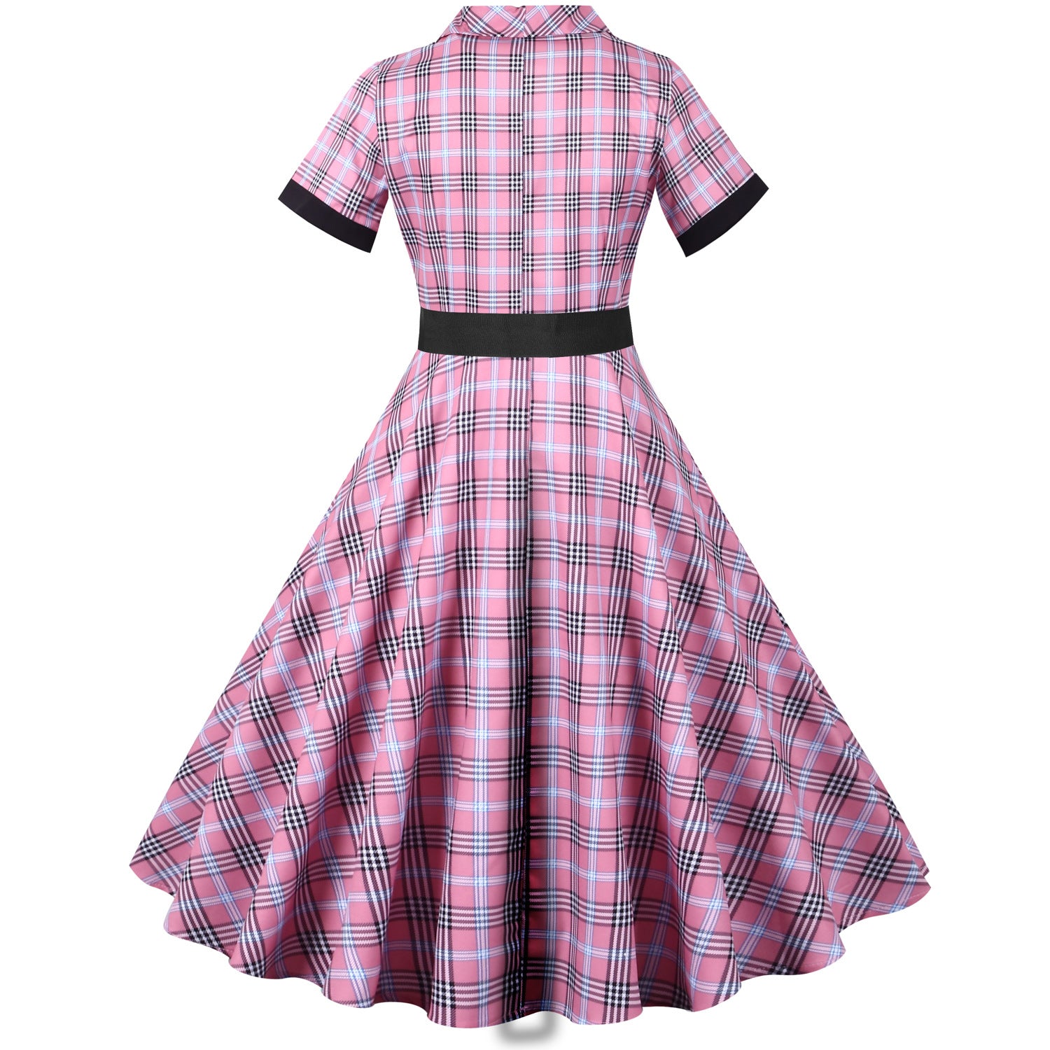 Retro Plaid Short Sleeve Dress with Belt