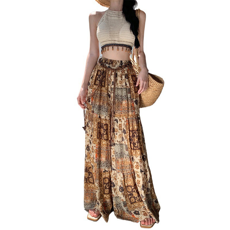 Bohemian Print High-Waisted Wide-Leg Flare Pants with Cami Top-Tank Top One Size-S-Free Shipping Leatheretro