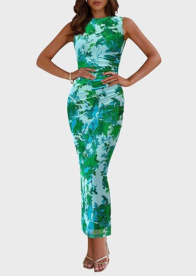 Round Neck Pleated Floral Bodycon Sleeveless Mesh Dress