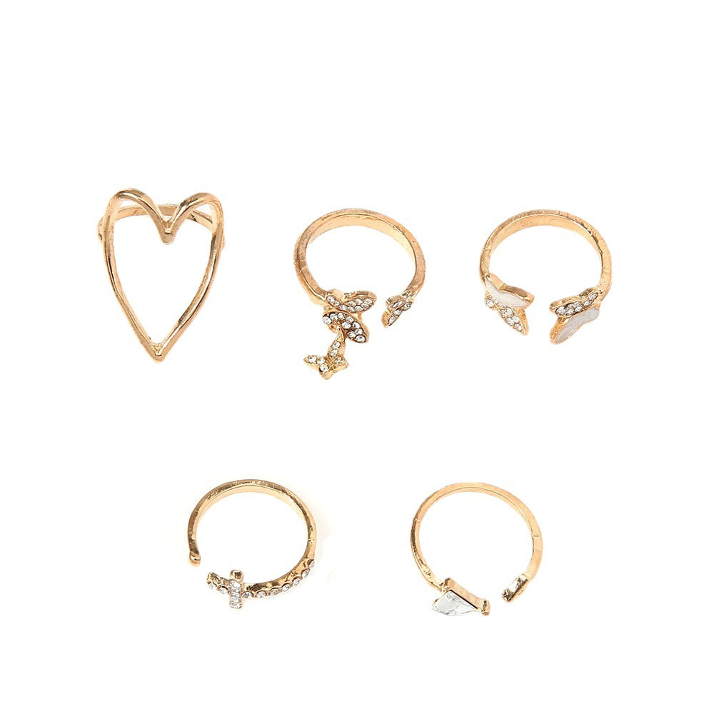 5-Piece Cross, Triangle, Heart Hollow-Out Drop Oil Butterfly Ring Set