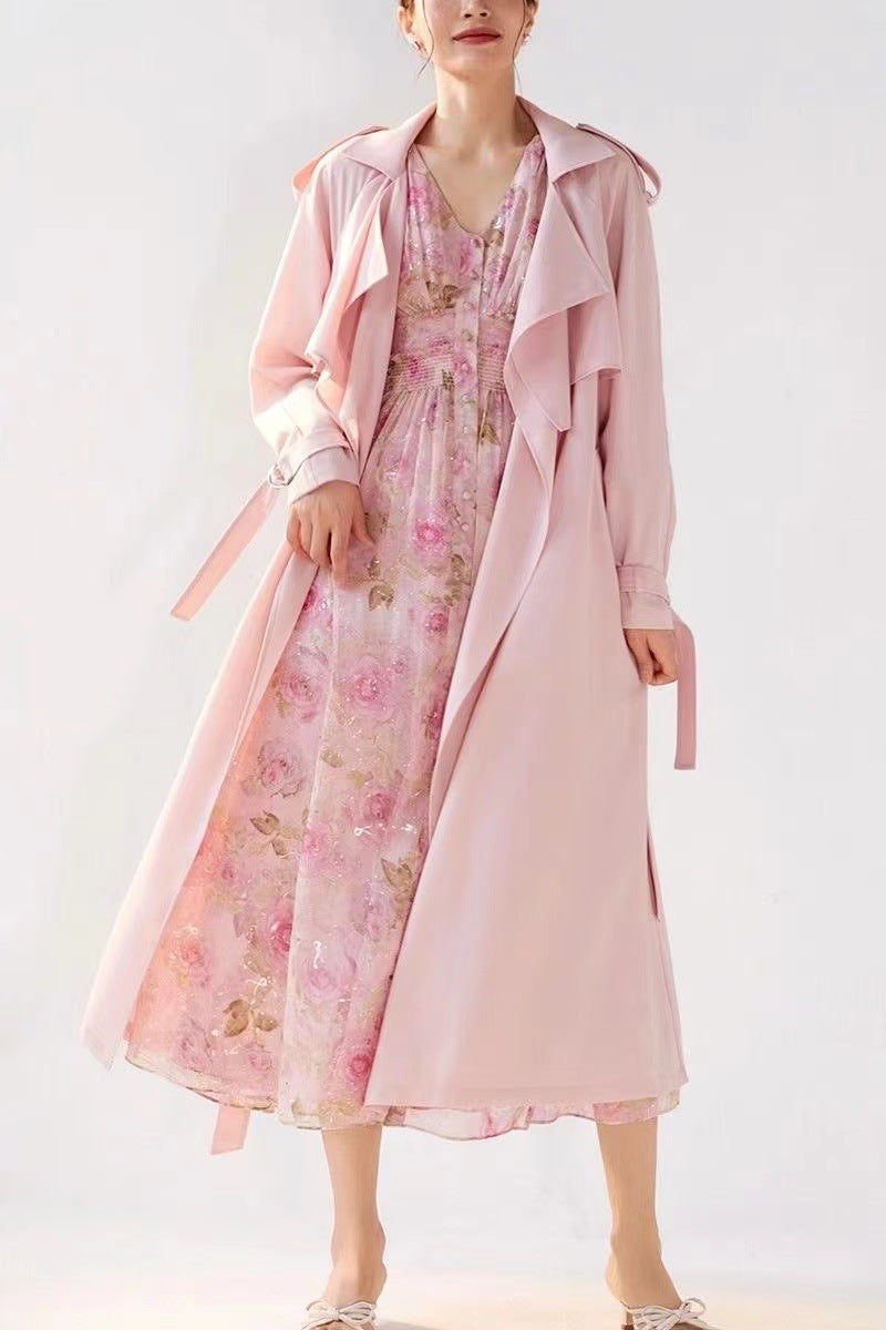 Elegant Pink Long Belted Lightweight Draped Trench Coat